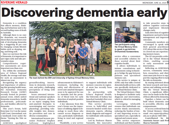 In the News: ‘Discovering Dementia Early’ — Riverine Herald